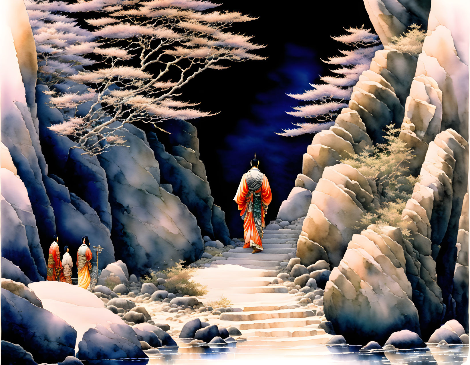 Person in orange robe walks on snowy path with observers among snow-covered trees