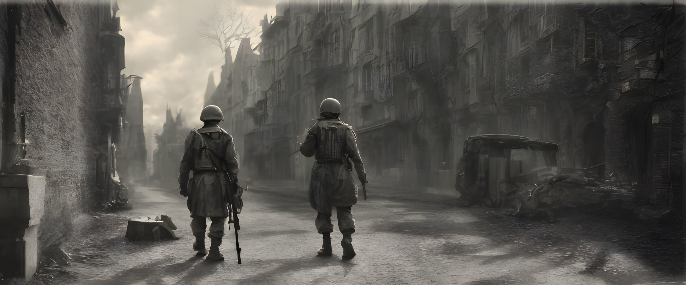 Soldiers in wartime gear walk through devastated city ruins.