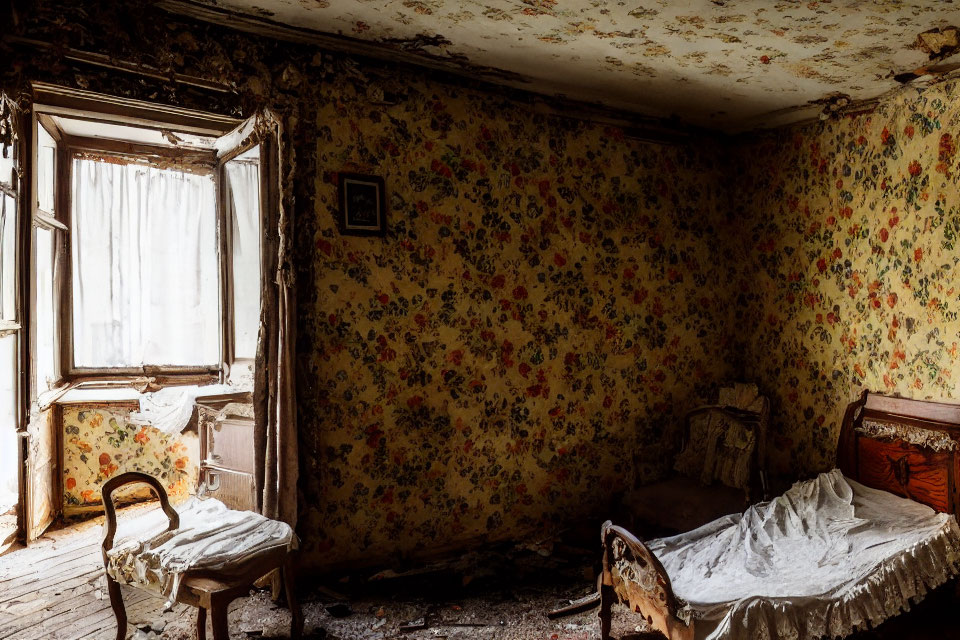 Abandoned Room with Peeling Wallpaper and Dusty Bed