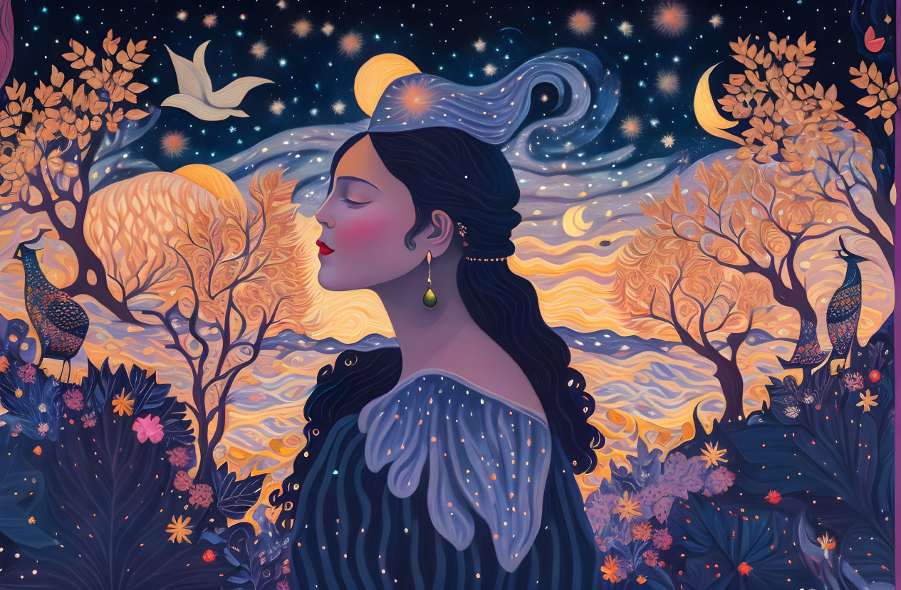 Illustrated woman with flowing hair in whimsical night scene with golden trees and birds