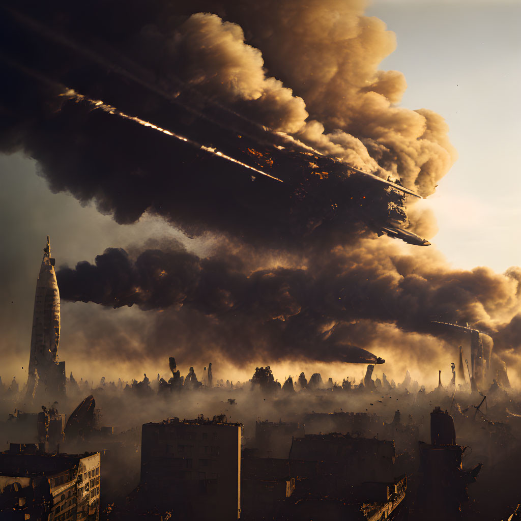 Dystopian cityscape with burning buildings and fiery projectile