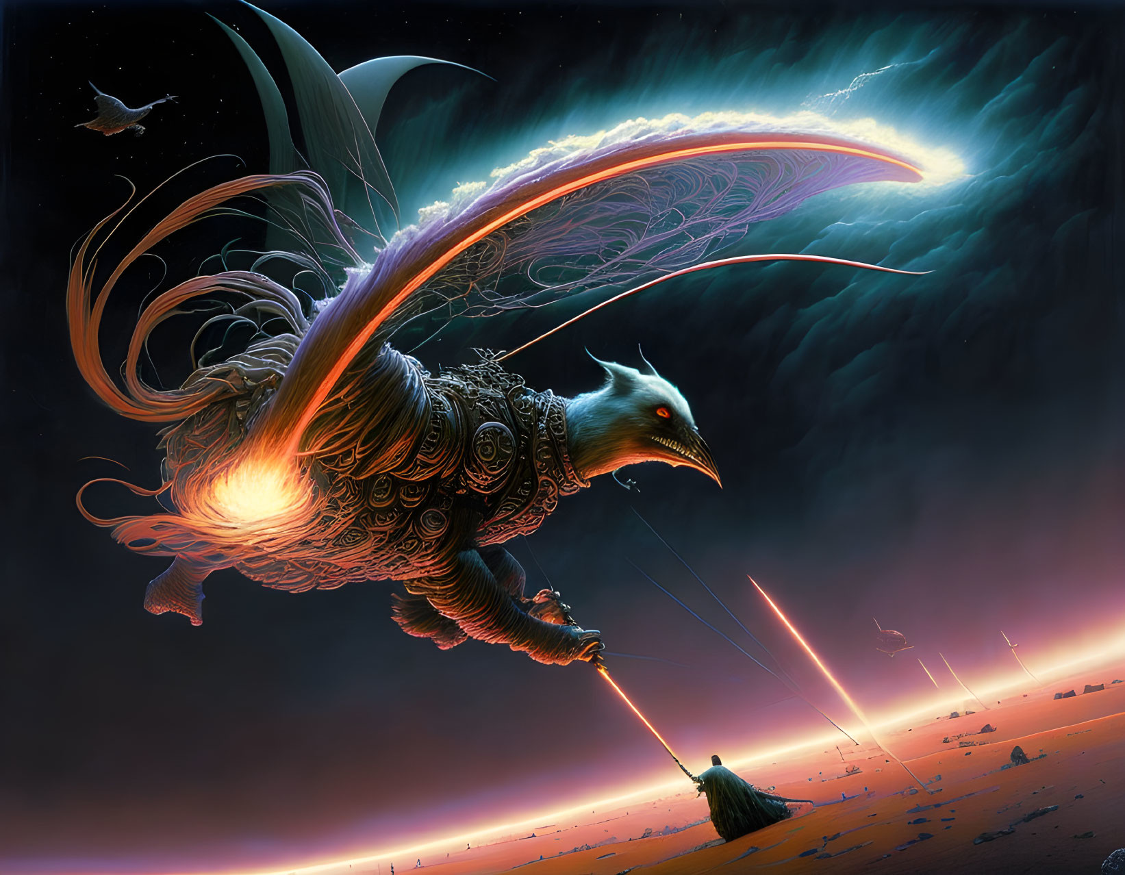 Majestic dragon flying over stark landscape with blazing meteors