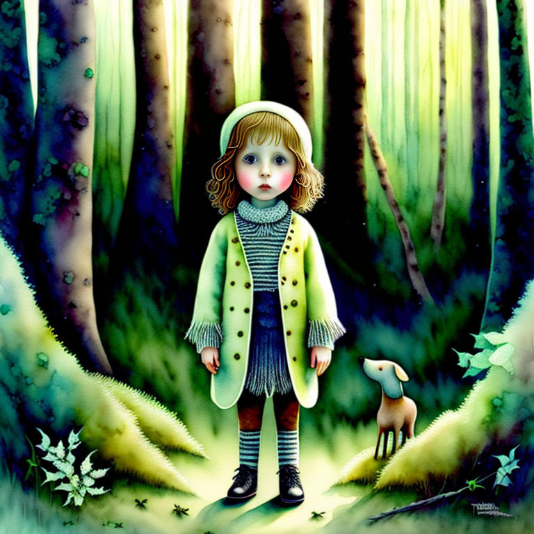 Illustration of young girl in green coat with striped socks in forest with brown dog