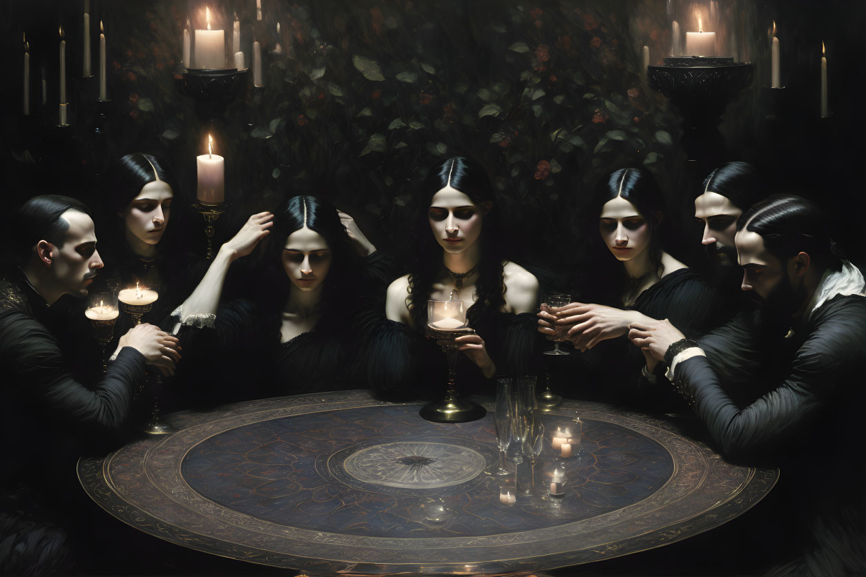 Pallid individuals in dark attire at circular table with candles