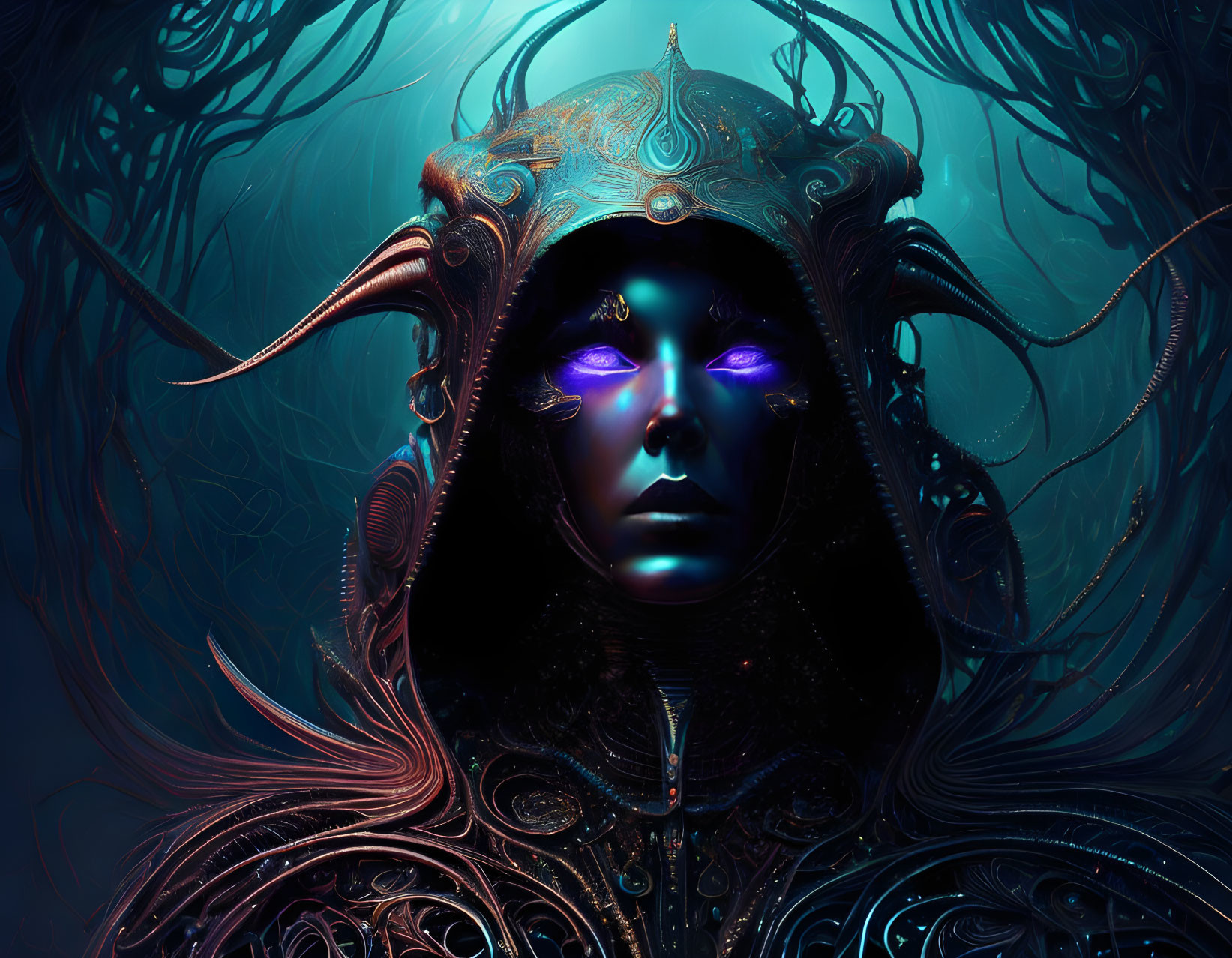 Digital portrait: Person with ornate helmet, blue skin, purple eyes, metallic designs.