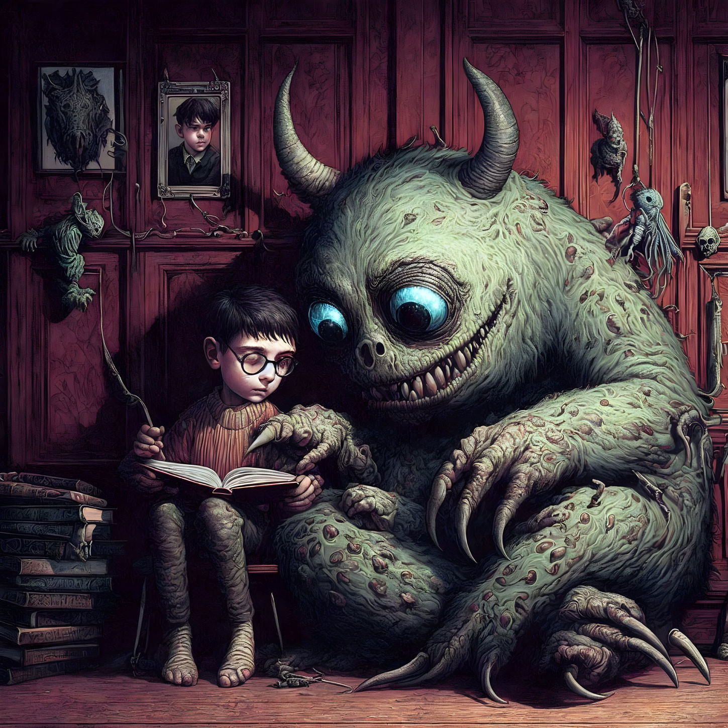 Child reading book next to friendly monster in cozy room with dolls and pictures