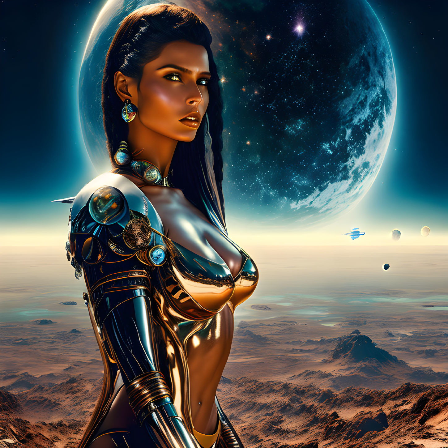 Female cyborg digital artwork with futuristic landscape and moon.