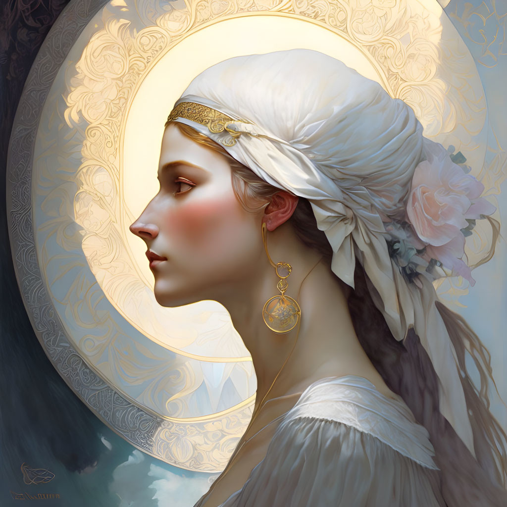 Profile of elegant woman with white headscarf, golden headband, large rose, sophisticated earring