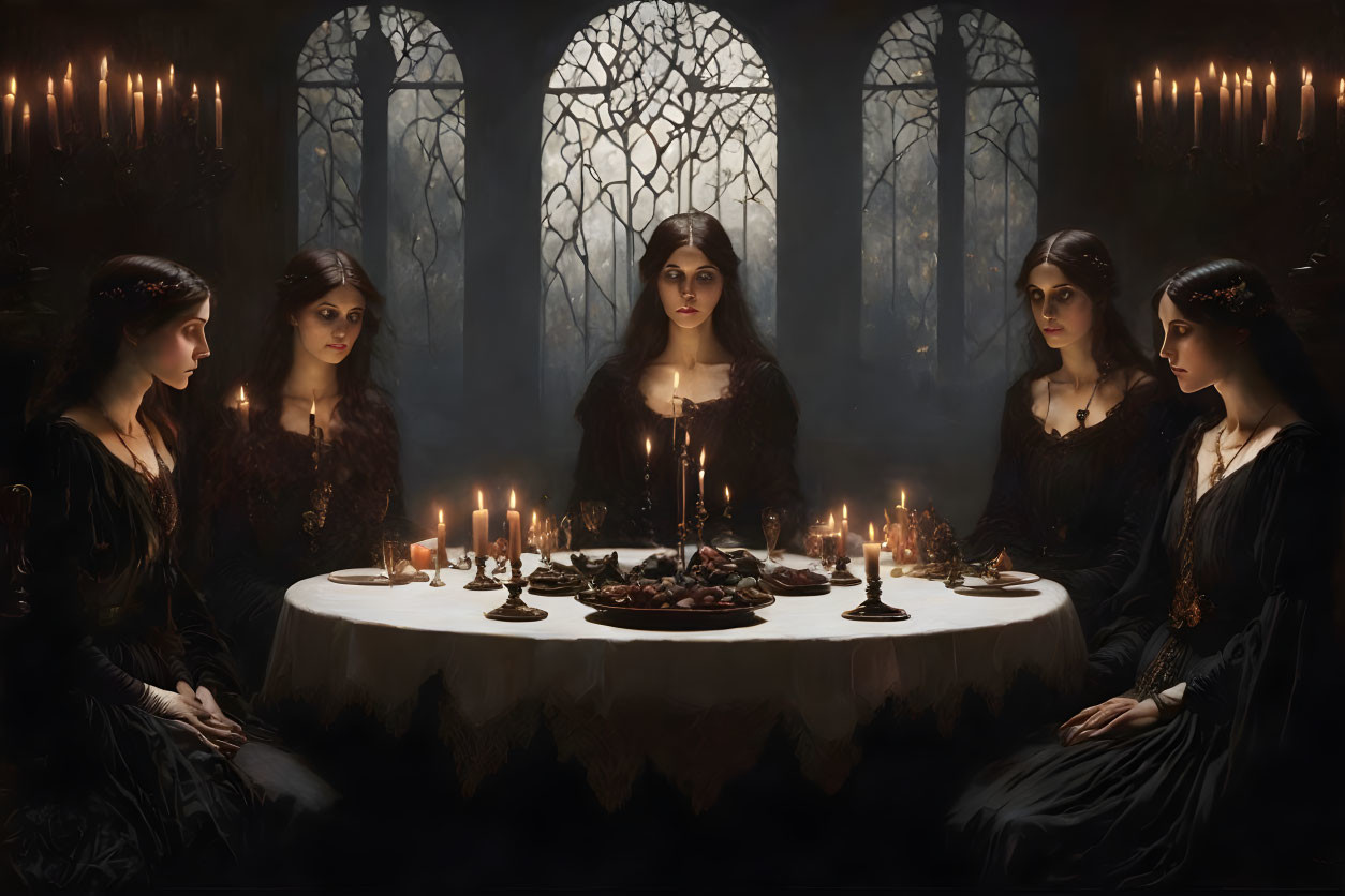 Five Women in Black Attire Around Round Table with Lit Candles