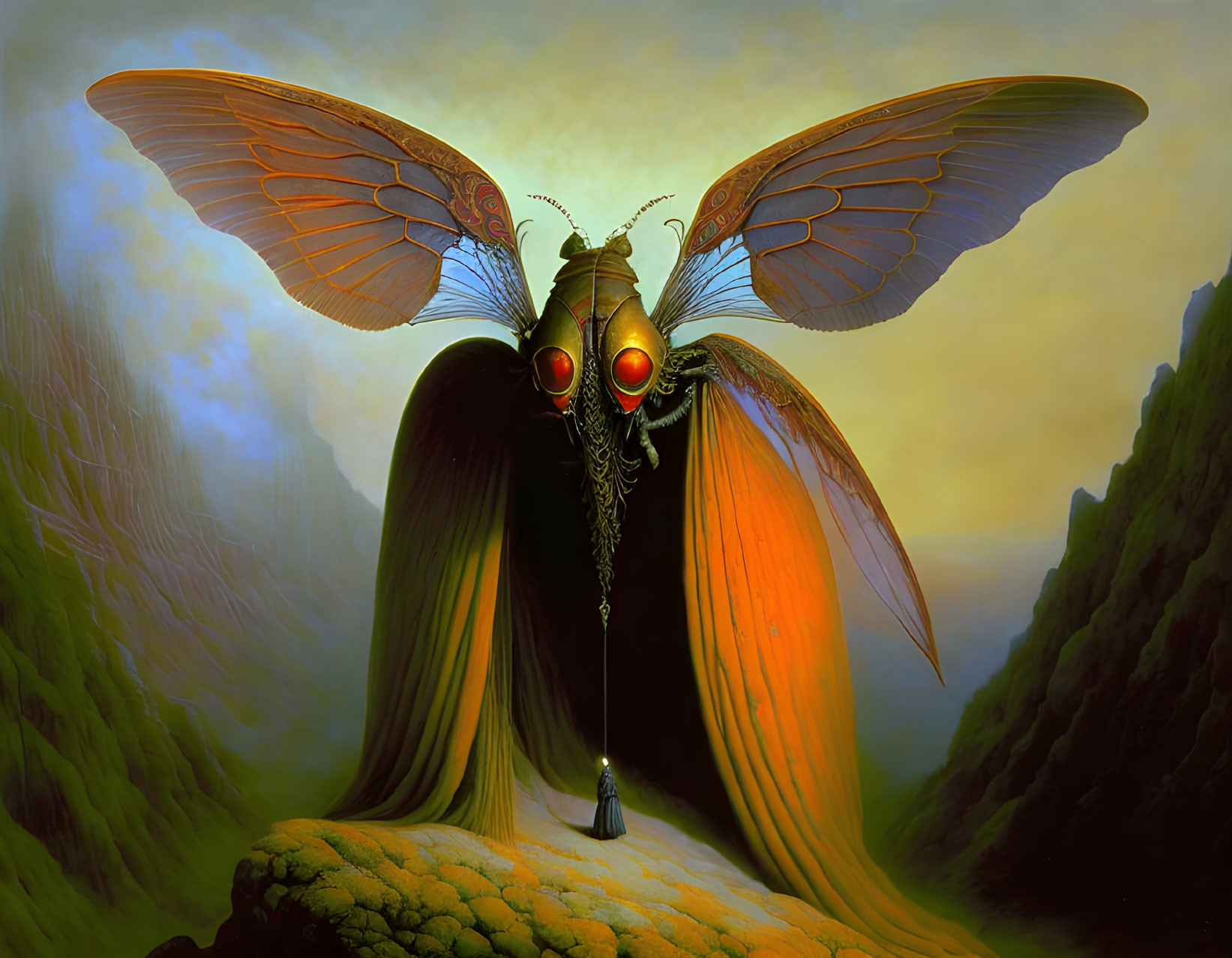 Surreal moth-like creature with humanoid features in misty landscape