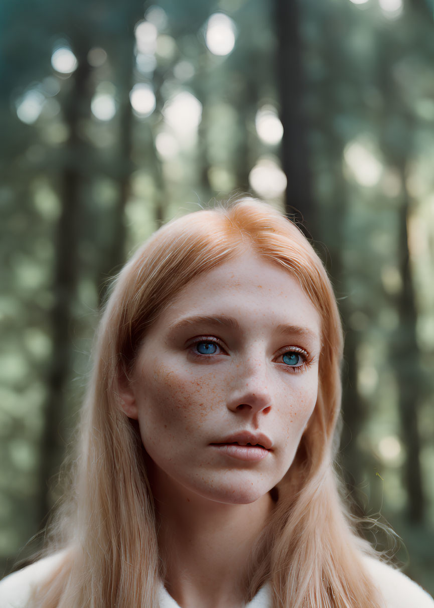 Red-haired woman with blue eyes and freckles gazing contemplatively in forest setting