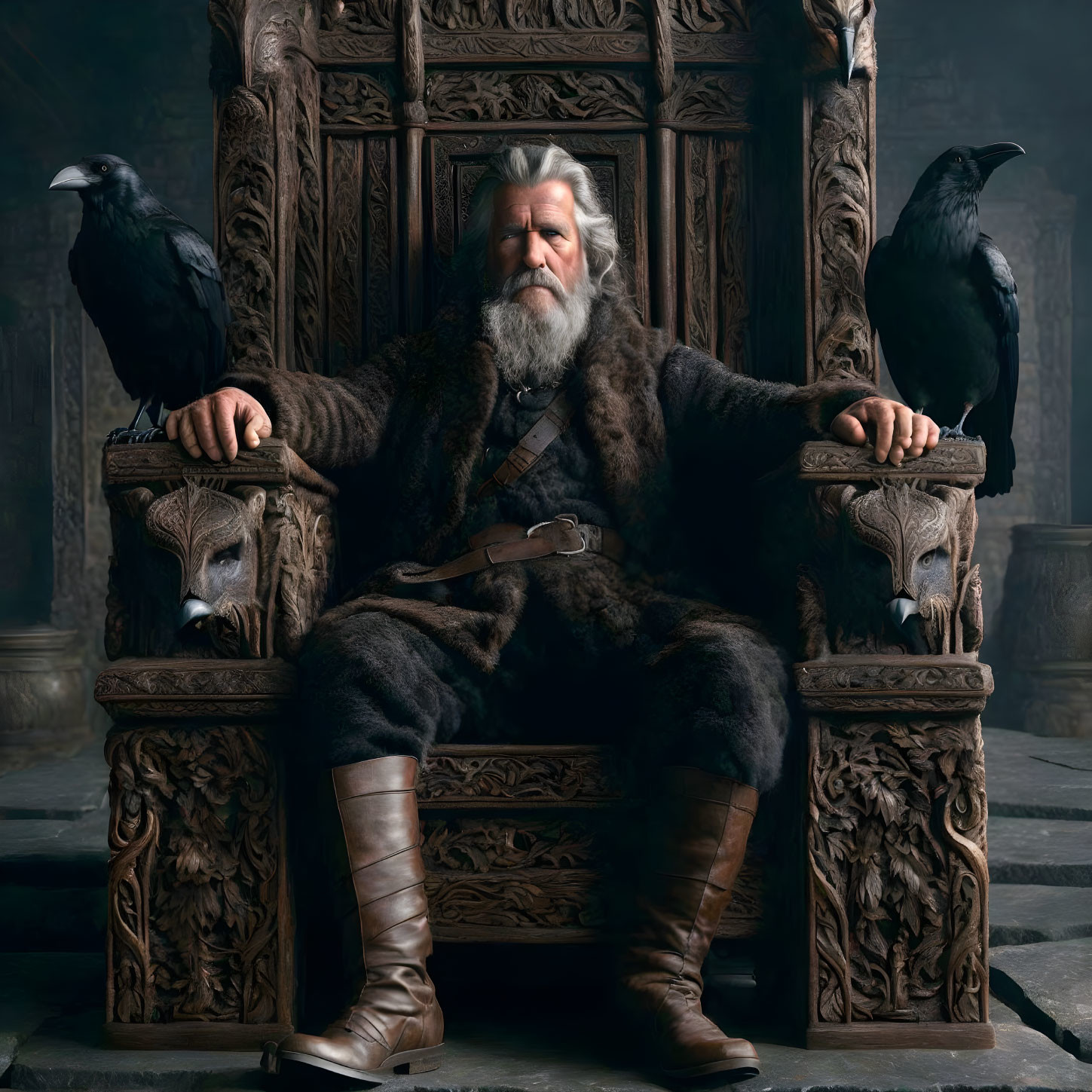 White-bearded figure on ornate chair with ravens exudes wisdom.