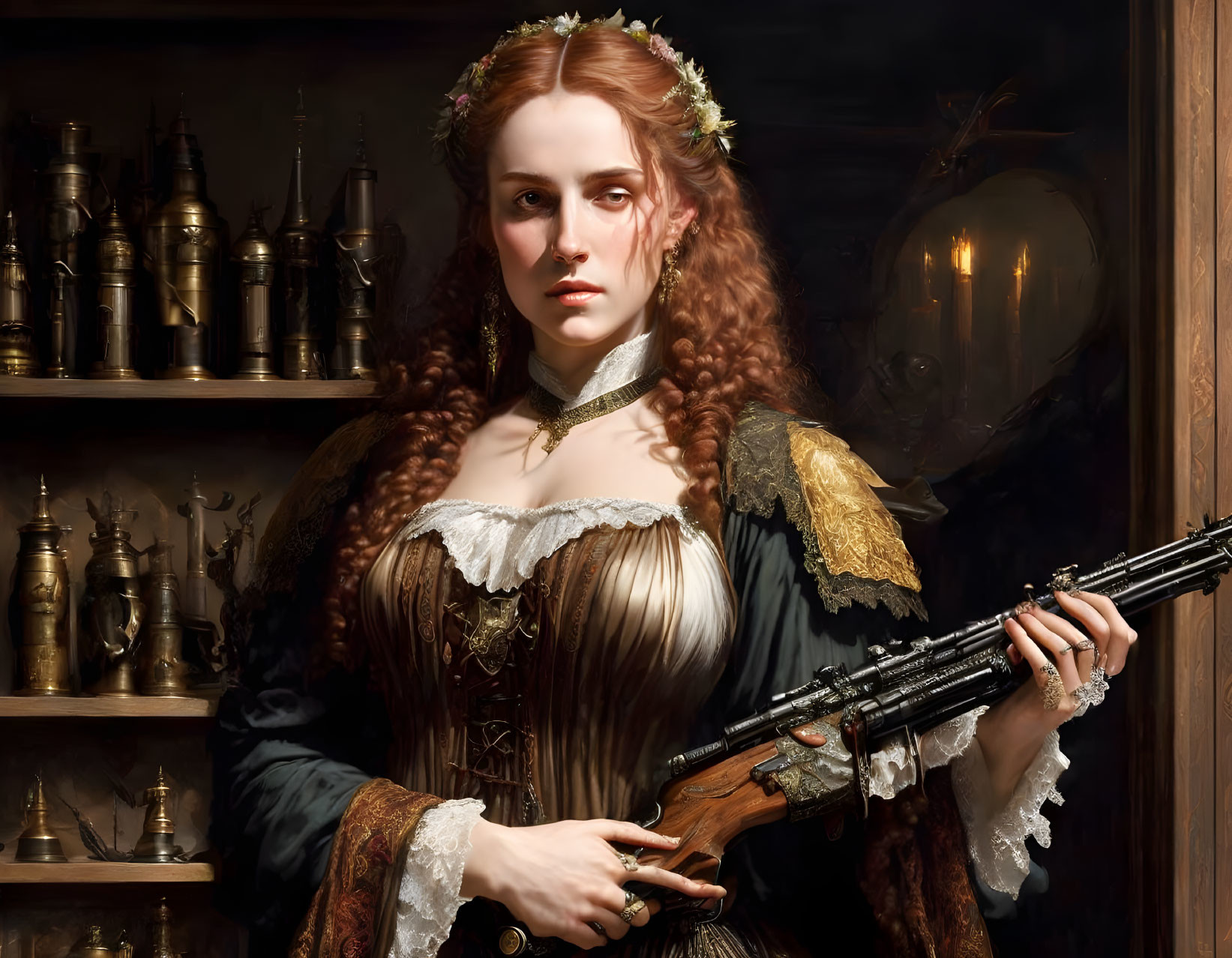 Victorian-style dressed woman with rifle and ornate shelves.