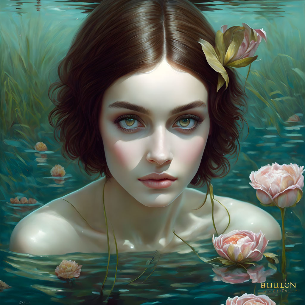 Digital painting of woman with blue eyes and dark hair in serene pond with pink water lilies