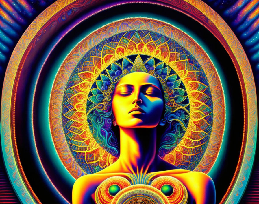 Colorful Digital Artwork: Tranquil Female Figure Surrounded by Mandala Patterns