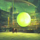 Futuristic neon-lit cityscape with glowing orb and figures in exosuits