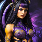 Digital artwork: Woman with violet eyes, horned headgear, golden armor, cosmic purple backdrop