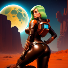 Futuristic female character with green hair on Mars-like landscape