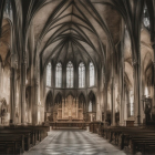 Gothic cathedral interior with stained glass windows & sunbeams