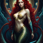 Mystical mermaid with red hair, golden armor, and green tail in marine-themed setting