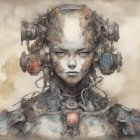 Female humanoid robot digital artwork with intricate mechanical details on cloudy sky backdrop.