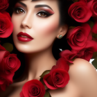 Dark-haired woman in red flower setting with fair complexion and subtle makeup