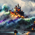 Luminous castle mountain above misty sea with sailboat