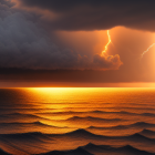 Stormy Ocean Scene with Lightning and Sunset Sky