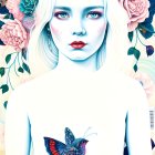 Surreal portrait of pale woman with white hair amid vibrant flowers and colorful birds