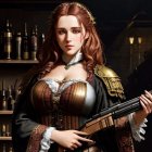 Victorian-style dressed woman with rifle and ornate shelves.