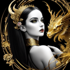 Fantasy portrait of pale woman with dark hair, golden dragons, and roses