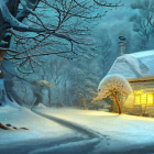 Snow-covered cottage in winter night with glowing streetlamp