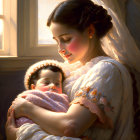 Mother cradling sleeping baby in elegant attire in sunlit room