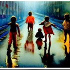 Vibrant street scene: children playing in colorful puddle under rainy sky