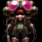 Steampunk-inspired creature with furry body, goggles, brass armor & horns on dark background
