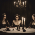 Enigmatic women in crowns and black dresses at a candlelit round table