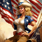 Smiling woman in patriotic attire with American flag background