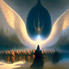 Majestic winged figure facing army under radiant light