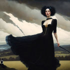 Woman in Striking Black Dress on Surreal Landscape Under Cloudy Sky