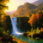 Autumn forest waterfall at sunrise with mountains