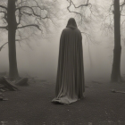 Mysterious cloaked figure in foggy forest with bare trees