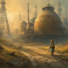 Child in desolate landscape gazes at aged spherical structures in warm light