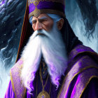 Elderly wizard in purple robe and hat with amulet in mystical setting