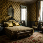 Vintage bedroom with ornate bed, plush pillows, side chair, and floral carpet.