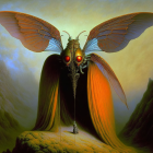 Surreal moth-like creature with humanoid features in misty landscape