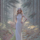 Red-haired woman with blue eyes and freckles gazing contemplatively in forest setting