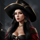 Digital artwork of a woman with pirate aesthetic: tricorne hat, gold earrings, red & black