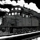 Detailed black and white vintage steam locomotive illustration on starry night background