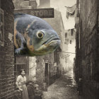 Surreal Black-and-White Alley with Giant Fish and Woman