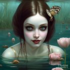 Digital painting of woman with blue eyes and dark hair in serene pond with pink water lilies